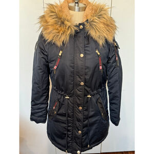 Women's CANADA weathergear Black Puffer Jacket with Tan Faux Fur Trim S